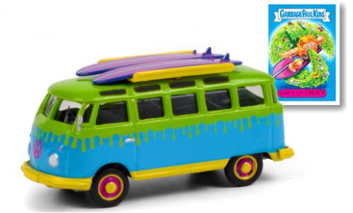 Diecast model cars Volkswagen T1 1/64 Greenlight Samba blue/green GPK - Garbage Pail Kids 1964 mit Surfboards auf Dachgepäckträger Volkswagen T1 1/64 Greenlight Samba blue/green GPK - Garbage Pail Kids 1964 mit Surfboards auf Dachgepäckträger diecast model cars