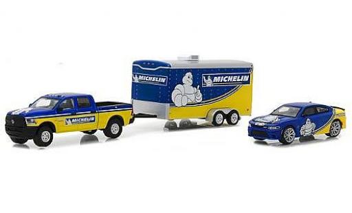 Dodge RAM 1/64 Greenlight Ram 2500 Michelin 2017 with Charger SRT Hellcat and Enclosed Car Hauler diecast model cars