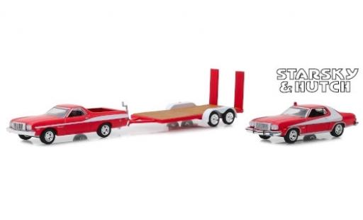 Ford Ranchero 1/64 Greenlight red/white Starsky & Hutch 1976 mit Gran Torino auf Zweiachshänger diecast model cars