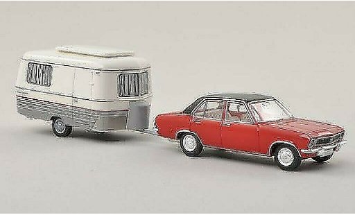 Opel Ascona A Base 1/87 Brekina red/black with Eriba Wohnwagen diecast model cars