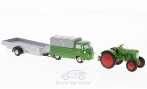 Diecast model cars Volkswagen T1 A 1/90 Schuco green Fendt Service Pritsche mit Anhänger und Traktor Volkswagen T1 A 1/90 Schuco green Fendt Service Pritsche mit Anhänger und Traktor diecast model cars